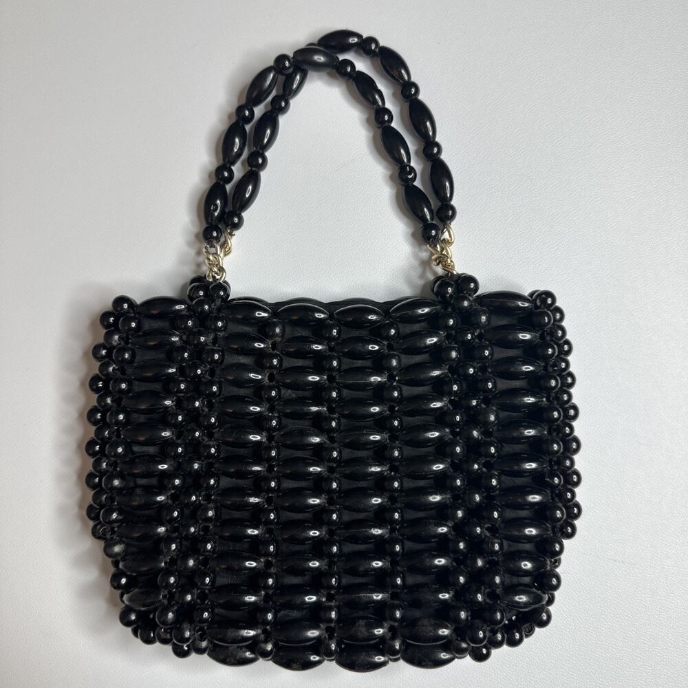 Vintage MCM Black Large Beaded Small Handbag Purse Retro Glam Evening Goth 70s - Picture 2 of 14